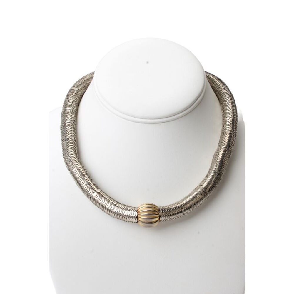 YSL Rive Gauche Womens Vintage Silver + Gold Plated Snake Collar Necklace 16"
